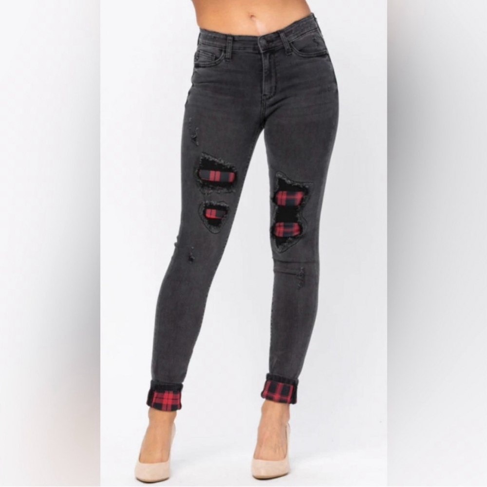 Judy Blue Black Distressed Skinny Jeans with Red Plaid, Size 5